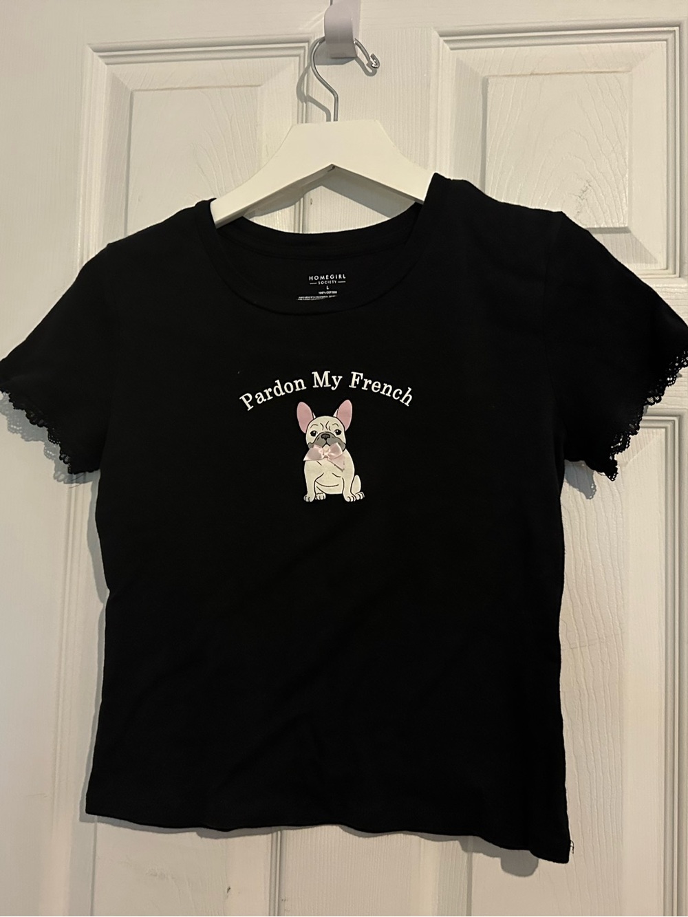 Pardon My French" Lace-Trim Graphic Crop Top size L
